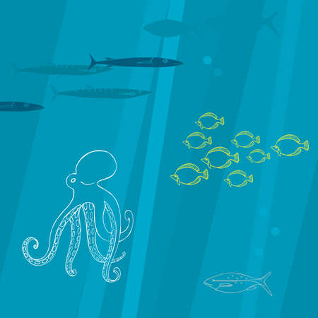 Underwater world. Octopus and fish.Vector illustrationのイラスト素材