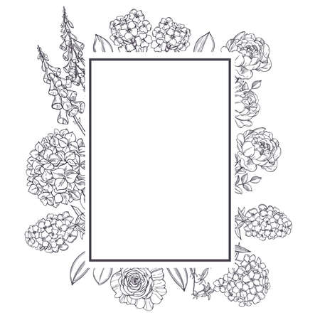Vector frame with hand drawn garden flowers. Sketch illustration.のイラスト素材