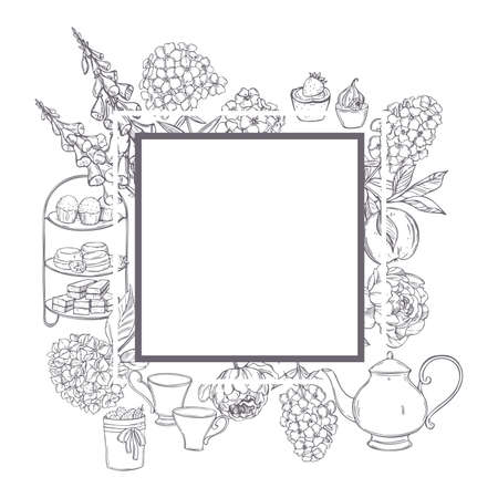 English tea vector frame. Teapot, cups, cakes and garden flowers. Sketch illustration.のイラスト素材