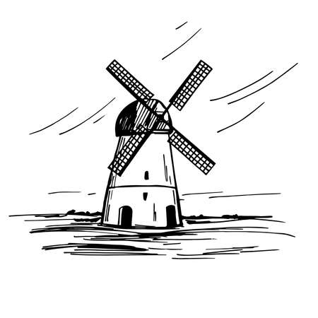 Hand drawn landscape with a windmill. Vector sketch illustration.のイラスト素材