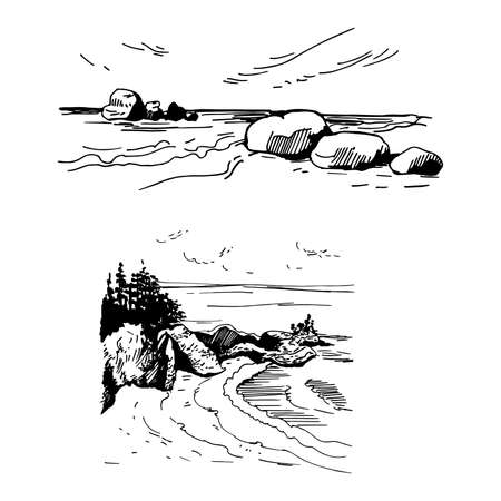 Hand drawn sea coast. Vector sketch illustrationのイラスト素材