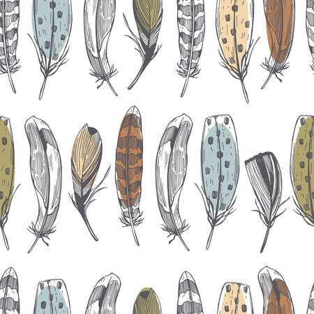 Vector seamless pattern with hand drawn feathers on white background.のイラスト素材