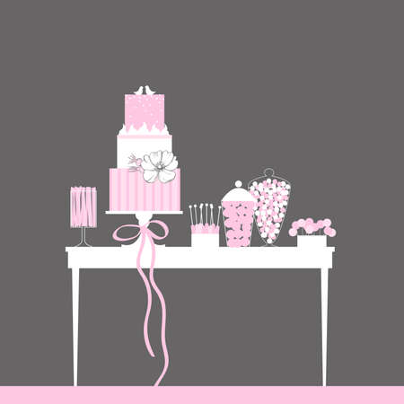 Candy bar with wedding cake. Dessert table. Vector illustration.のイラスト素材