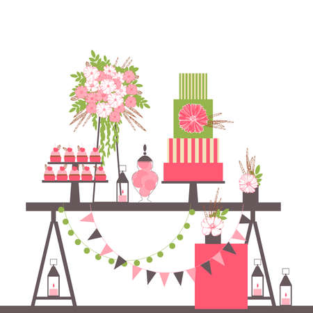 Wedding candy bar with cake and flowers. Dessert table. Vector illustration.のイラスト素材