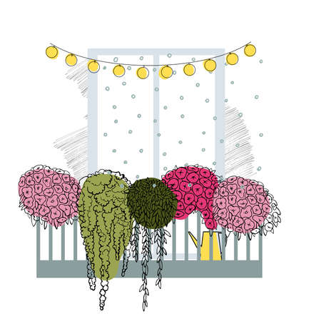 Flowers on the balcony.Vector sketch illustration.のイラスト素材