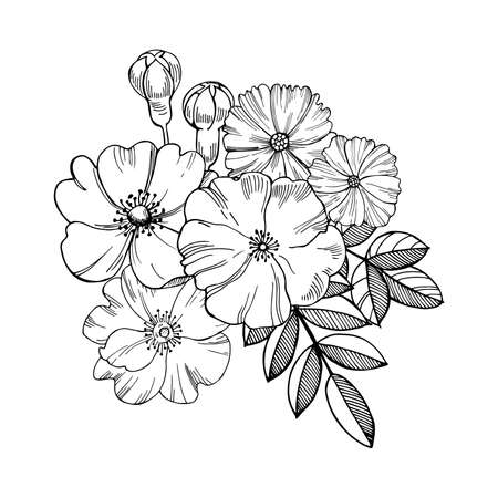 Hand drawn flowers. Vector sketch illustration.のイラスト素材