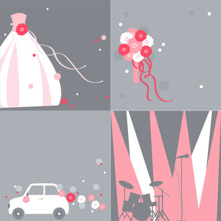 Wedding backgrounds set.Wedding music, car, dress and bouquet.のイラスト素材