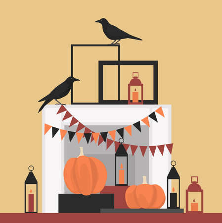 Halloween decor for the home. The fireplace with the birds, pumpkins and candles. Festive decoration of the house.のイラスト素材