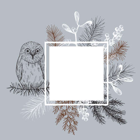 Christmas frame with owl and Christmas plants. Vector hand-drawn illustration.のイラスト素材