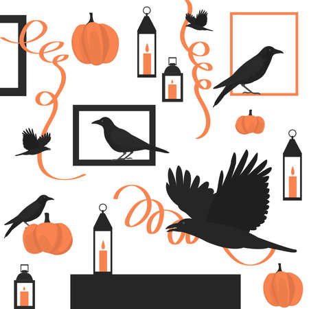 Halloween background with birds and pumpkins.のイラスト素材