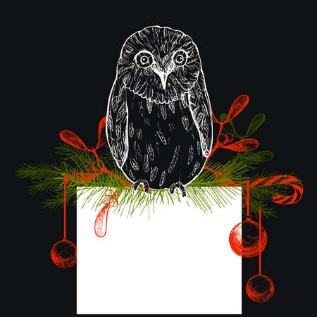 Christmas background with owl. Vector hand-drawn illustration.のイラスト素材