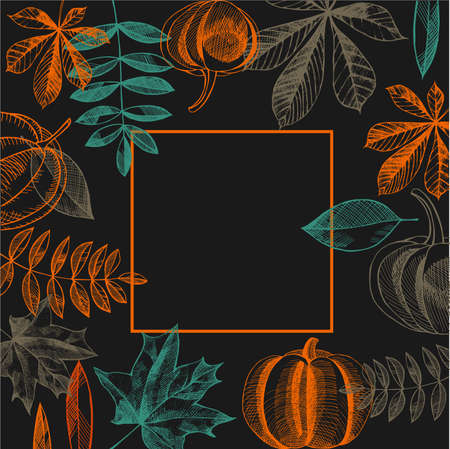 Vector frame with hand-drawn autumn leaves and pumpkins. Vector illustration.のイラスト素材