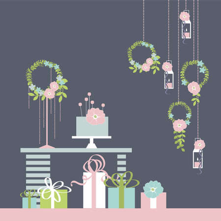 Wedding cake on table. Flowers and gifts. Vector illustration.のイラスト素材