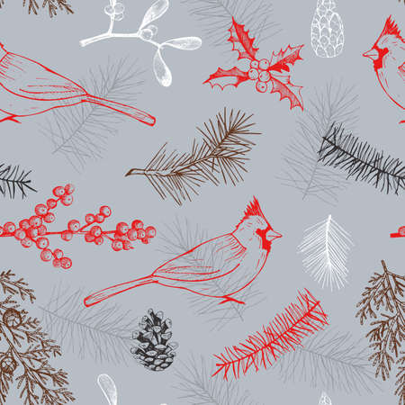 Christmas pattern with birds and Christmas plants. Vector hand-drawn illustration.のイラスト素材