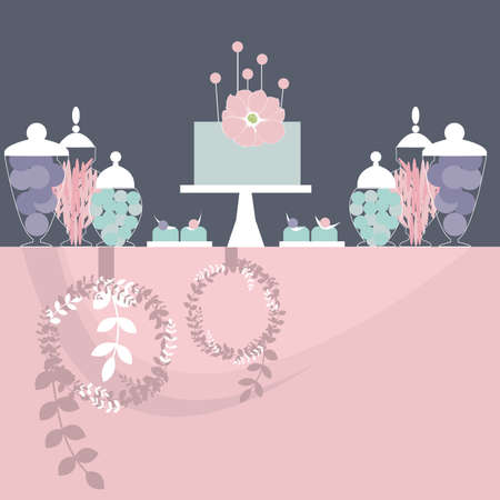 Wedding dessert table with cake. Candy bar. Vector illustration.のイラスト素材