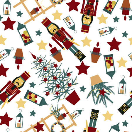 Christmas seamless pattern with Nutcracker, Christmas tree, stars and lanterns.