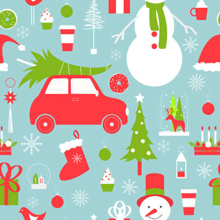 Christmas vector seamless pattern with snowman, car and Christmas tree.のイラスト素材