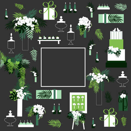 Wedding background. Chairs, arch, cake, flowers, gifts, sweets.のイラスト素材