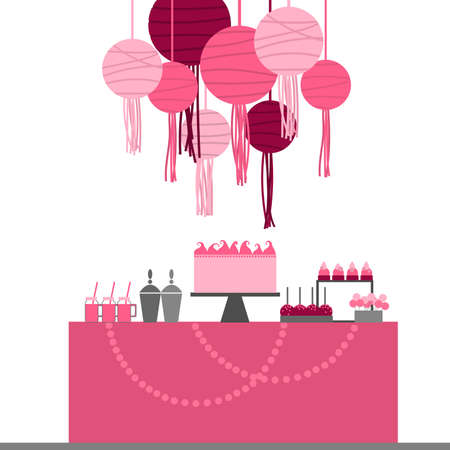 Dessert table and paper lanterns. Candy bar with cake. Vector illustration.のイラスト素材