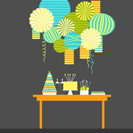 Birthday candy bar with cake. Dessert table and paper lanterns.Vector illustration.のイラスト素材