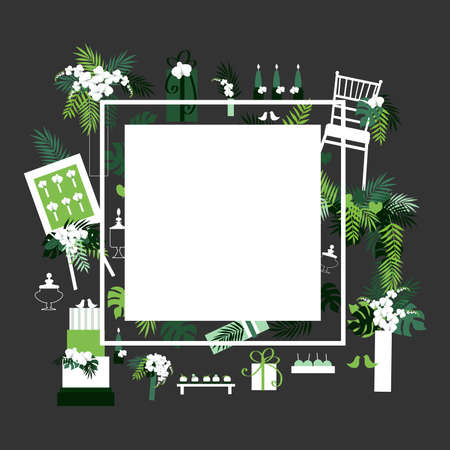 Wedding frame with chairs, arch, cake, flowers, gifts, sweets.のイラスト素材