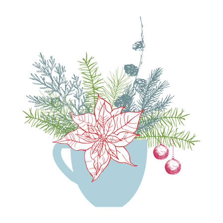 Christmas plants in cup. Vector hand-drawn illustration.のイラスト素材