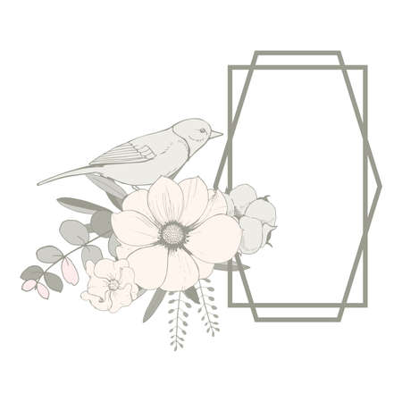 Floral vector frame with bird, pink flowers, eucalyptus leaves and cotton ballのイラスト素材