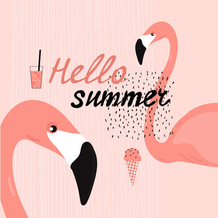 Hello summer. Flamingos and ice cream.Vector illustrationのイラスト素材
