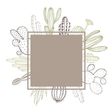 Vector frame with hand drawn cacti in pots.のイラスト素材