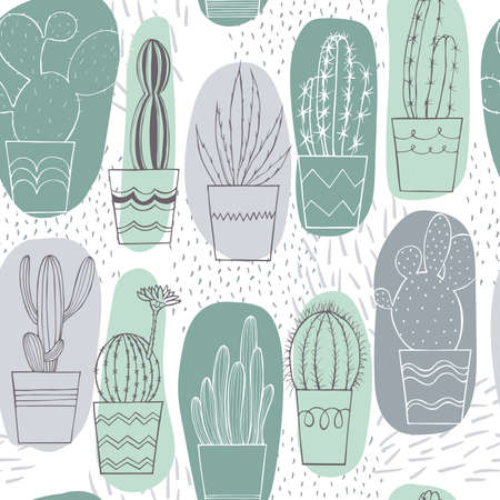 Hand drawn cacti in pots. Vector seamless patternのイラスト素材