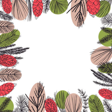 Vector background with hand drawn branches and cones of coniferous trees. Christmas plants.のイラスト素材