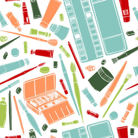 Hand drawn art tools and supplies set. Artistic paintbrushes and paints. Vector seamless pattern.のイラスト素材