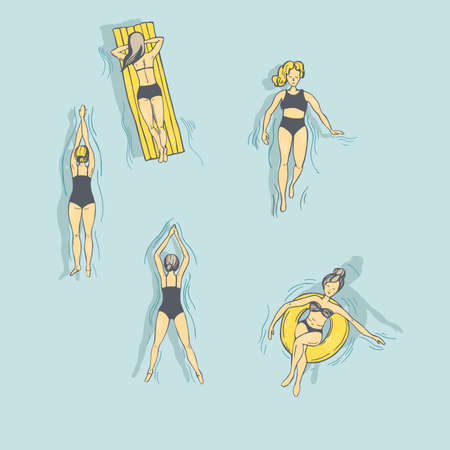 Hand drawn swimmers, women in the pool. Vector sketch illustration.のイラスト素材