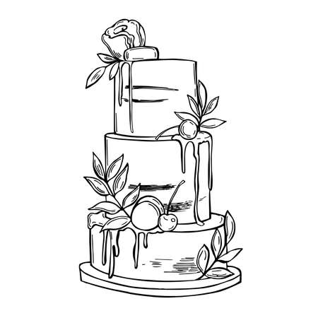 Hand drawn wedding cake on white background. Vector sketch illustration.のイラスト素材