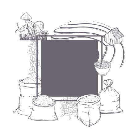Hand drawn rice set. Vector frame. Sketch illustration.のイラスト素材