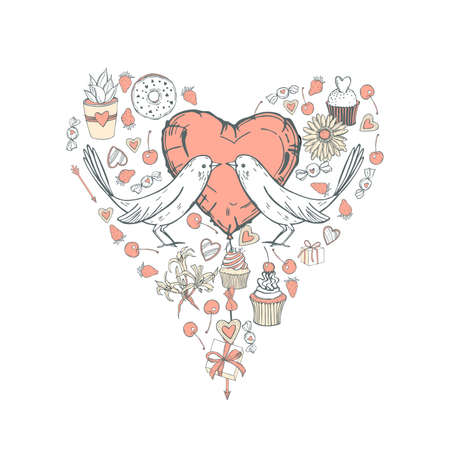 Hand drawn Valentine's Day heart. Vector sketch illustration with birds, flowers, balloons, and sweets.のイラスト素材