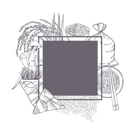 Hand drawn rice set. Vector frame. Sketch illustration.のイラスト素材