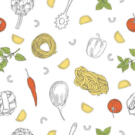 Vector seamless pattern with hand drawn pasta and vegetables on white background. Italian food. Sketch illustration.のイラスト素材
