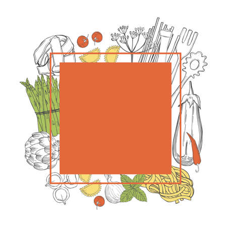 Vector frame with hand drawn pasta and vegetables on white background. Italian food. Sketch illustration.のイラスト素材