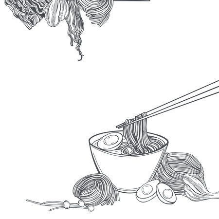 Hand drawn Asian noodle soup. Ramen set. Vector background. Sketch illustration.のイラスト素材