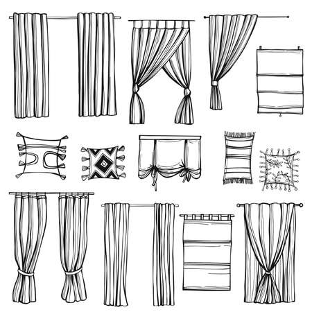 Hand drawn curtains for windows. Vector sketch illustration.のイラスト素材