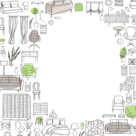 Hand drawn furniture, lamps and plants for the home. Vector background.のイラスト素材