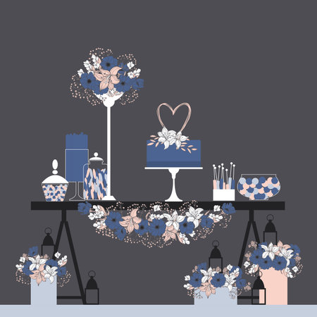 Wedding candy bar with cake and flowers. Dessert table. Vector illustration.のイラスト素材