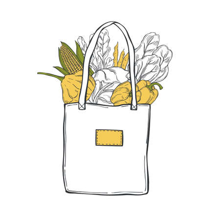 Hand drawn vegetables in bag on white background. Vector sketch illustration.のイラスト素材