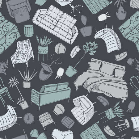 Furniture, lamps and plants for the home. Vector seamless patternのイラスト素材