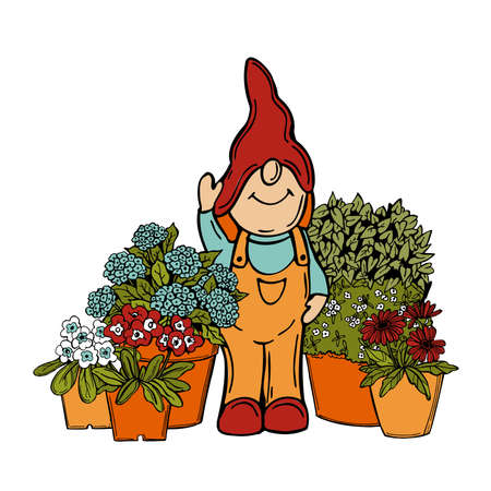 Hand drawn garden gnome and flowers on white background. Vector sketch illustration.のイラスト素材