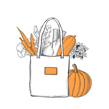 Hand drawn vegetables in bag on white background. Vector sketch illustration.のイラスト素材