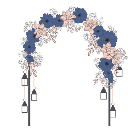 Wedding arch with blue and pink flowers. Vector illustration.のイラスト素材