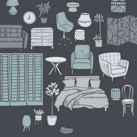 Furniture, lamps and plants for the home. Vector background.のイラスト素材