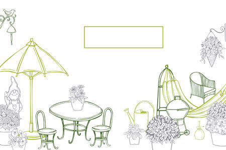 Hand drawn garden furniture and flowers. Vector background. Sketch illustration.のイラスト素材